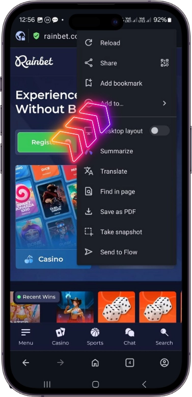 Rainbet Android shortcut