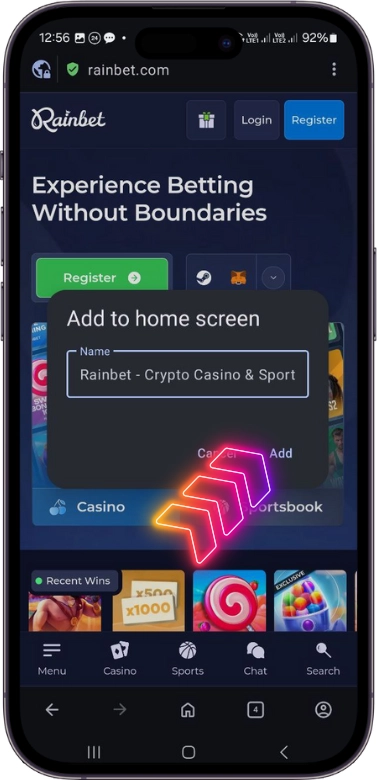 Rainbet add Android shortcut