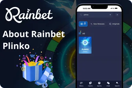 Rainbet mobile app Plinko search results, gift box with confetti on dark background