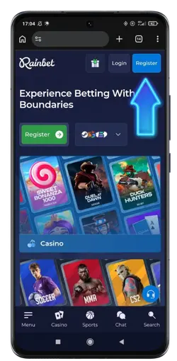Rainbet mobile homepage showing Register button and game lobby with Sweet Bonanza 1000.