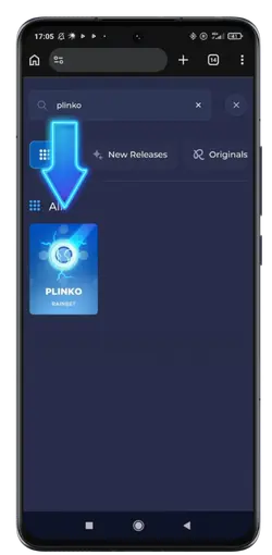 Rainbet mobile search results for "Plinko" showing the cosmic game card with a blue arrow.