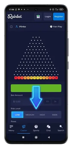 Rainbet Plinko mobile screen with Risk Level selector and green Drop button.