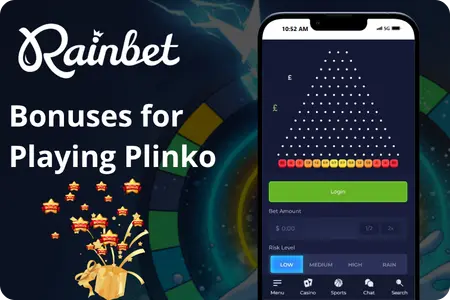 Rainbet mobile app Plinko game, golden trophy with stars and coins on dark background