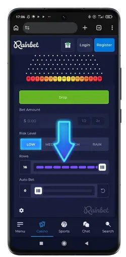 Rainbet Plinko mobile interface showing the green Drop button and Rows slider set to 16.