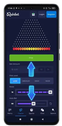 Rainbet Plinko mobile betting panel, Rows 16, Auto Bet 58, two blue arrows.
